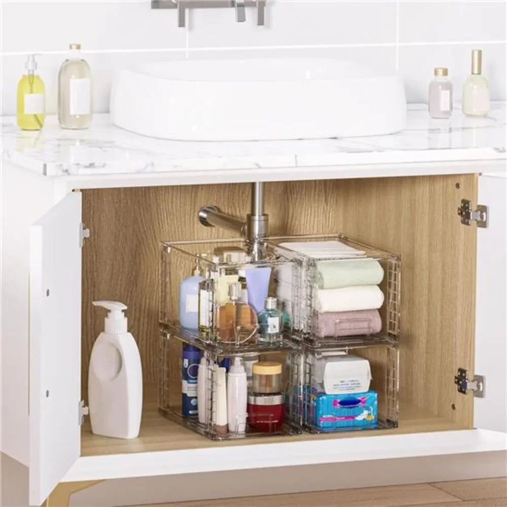 4 Pack Large Stackable Storage Drawers Easily Assemble Acrylic Bathroom Closet